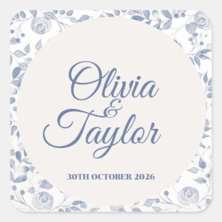 Sticker Carré Mariage Floral Aquarelle Bleu Poussiéreux