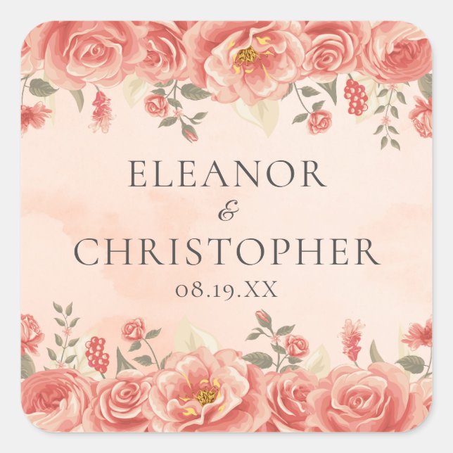 Sticker Carré Mariage Floral Aquarelle Corail Roses Chic Pêche (Devant)