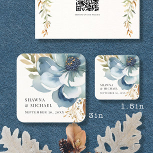 Sticker Carré Mariage Floral Automnal Moderne Bleu Ivoire Aquare