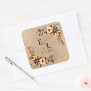 Sticker Carré Mariage Floral Automne Joli Monogramme Rustique