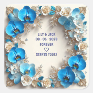 Sticker Carré Mariage Floral Bleu Détails Turquoise Or