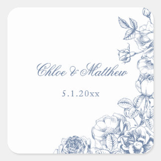 Sticker Carré Mariage Floral Bleu Poussiéreux Élégant Classique