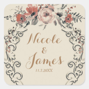 Sticker Carré Mariage Floral Botanique Élégant Beige Vintage