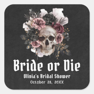 Sticker Carré Mariage Floral Crâne Halloween La Mariée ou Mourir
