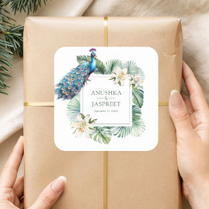 Sticker Carré Mariage floral de paon indien tropical