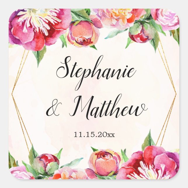 Sticker Carré Mariage floral de pivoine de corail géométrique mo (Devant)