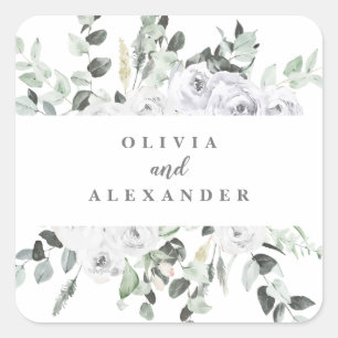 Sticker Carré Mariage floral de roses blanches et de verdure