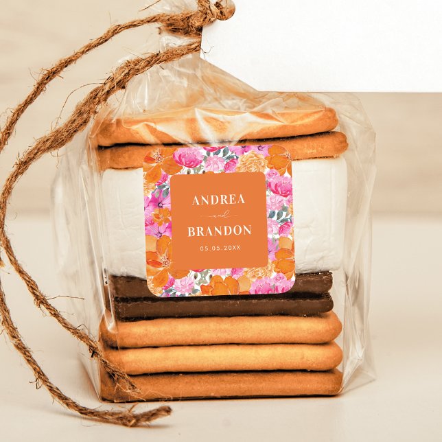Sticker Carré Mariage floral d'été rose et orange (Créateur téléchargé)