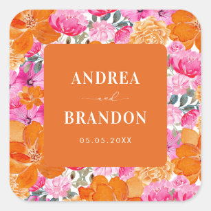 Sticker Carré Mariage floral d'été rose et orange