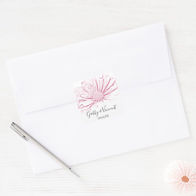 Sticker Carré Mariage floral, effet marguerite rose (Enveloppe)
