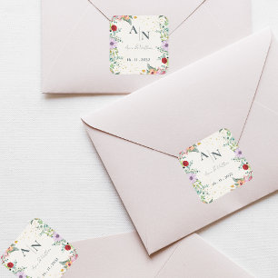 Sticker Carré Mariage Floral Fleur sauvage de monogramme