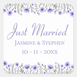 Sticker Carré Mariage Floral Fleurs Violettes Juste Mariés