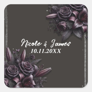 Sticker Carré Mariage Floral Lily Rose Noir et Violet Baie