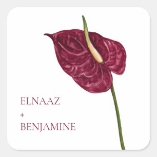 Sticker Carré Mariage Floral Minimaliste Aquarelle Anthurium