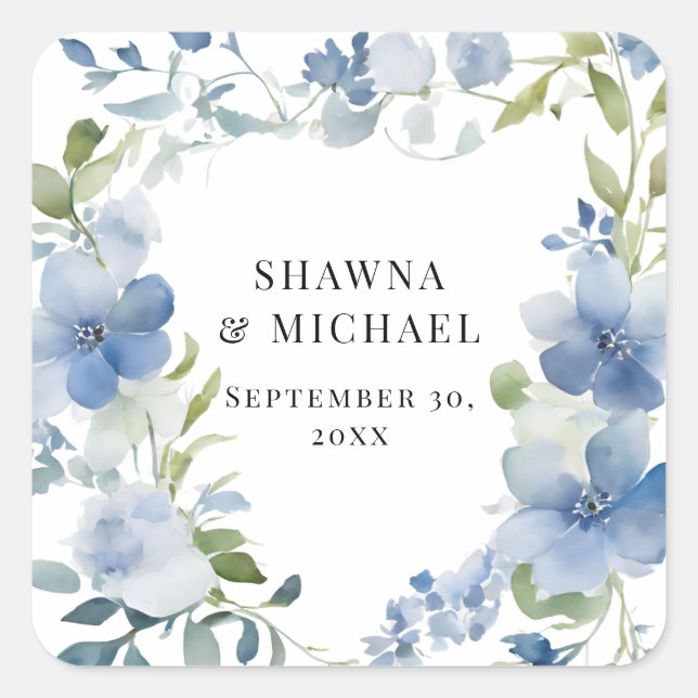 Sticker Carré Mariage Floral Moderne Printemps Bleu Blanc Aquare (Devant)