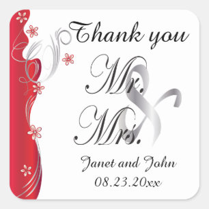 Sticker Carré Mariage floral moderne   Rouge profond et argent