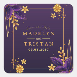 Sticker Carré Mariage Floral Purple & Gold Esthétique