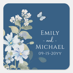Sticker Carré Mariage floral romantique bleu Dusty