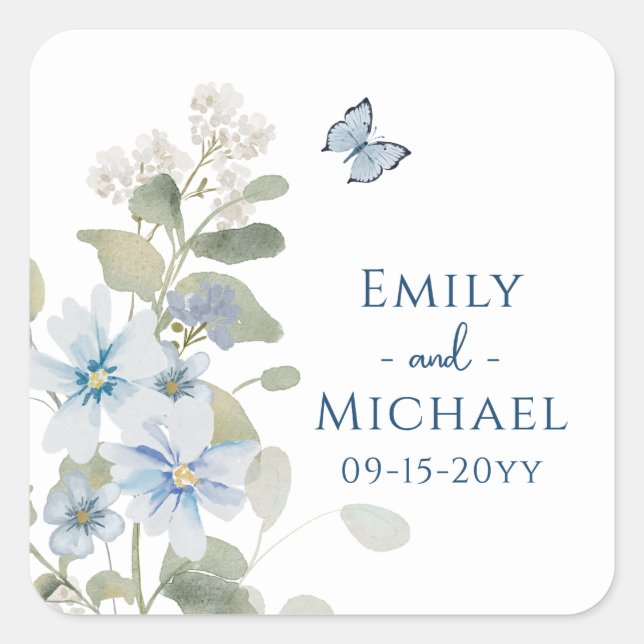 Sticker Carré Mariage floral romantique bleu Dusty (Devant)