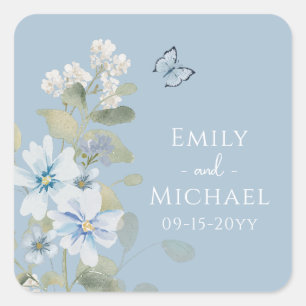 Sticker Carré Mariage floral romantique bleu Dusty