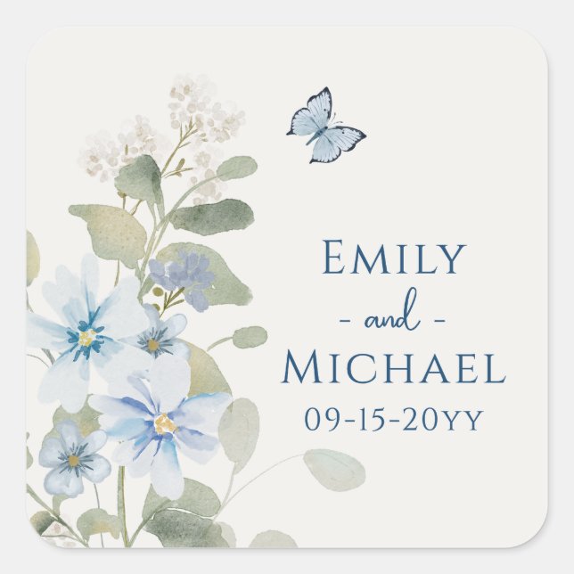 Sticker Carré Mariage floral romantique bleu Dusty (Devant)