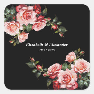 Sticker Carré Mariage floral rose et rose rouge foncé