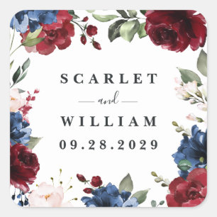 Sticker Carré Mariage floral rose rose bleu marine et bordeaux