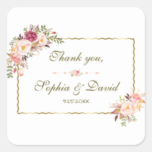 Sticker Carré Mariage floral rose rose brillant or
