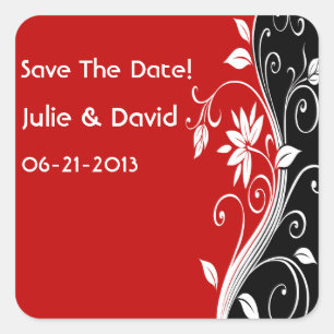 Sticker Carré Mariage Floral Rouge Blanc & Noir Enregistrer La D