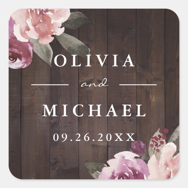 Sticker Carré Mariage floral rustique en bois de couleur pourpre (Devant)