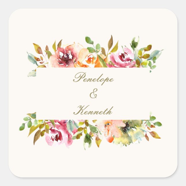 Sticker Carré Mariage floral rustique personnalisé (Devant)