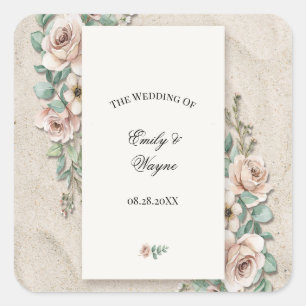 Sticker Carré Mariage Floral Sable Vert Sauge Blanc Cassé