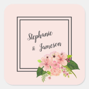 Sticker Carré Mariage Floral Tropical Grand Rose & Pêche