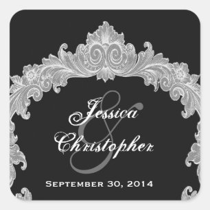 Sticker Carré Mariage floral Vintage en argent et noir personnal