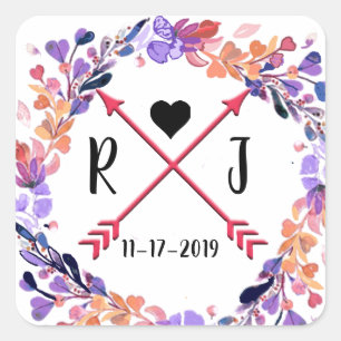 Sticker Carré Mariage floral violet Monogramme Conception de la 