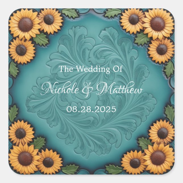 Sticker Carré Mariage frontalier de tournesol en cuir turquoise (Devant)