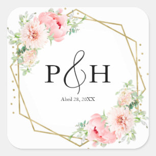 Sticker Carré Mariage géométrique floral à monogramme de feuille