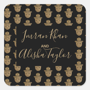 Sticker Carré Mariage indien Gold hamsa Henna Faire-part