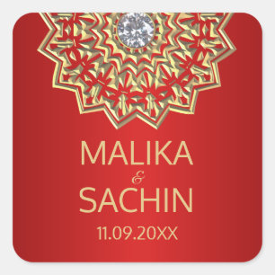 Sticker Carré Mariage indien Mandala Flower RED Gold Seals