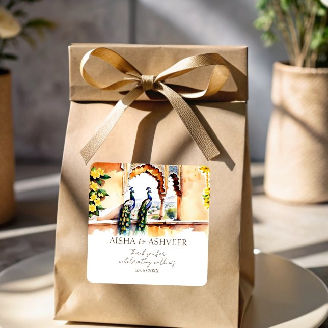 Sticker Carré Mariage indien paon palais de Jaipur merci les fav (Indian wedding peacocks at  Jaipur palace thank you favor Stickers Hindu wedding favors)