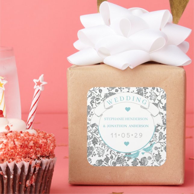 Sticker Carré Mariage Inséparable Aqua Grey Floral Pattern bleu (Fête)