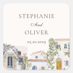 Sticker Carré Mariage Italien Méditerranéen Aquarelle Pastel