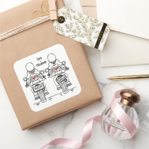 Sticker Carré Mariage lesbienne de moto de deux mariées sur mesu