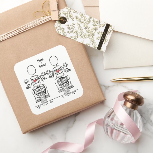 Sticker Carré Mariage lesbienne de moto de deux mariées sur mesu (Cadeaux)