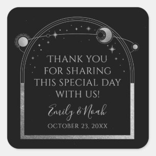 Sticker Carré Mariage Lune Soleil Argent Noir Astronomie Mystiqu