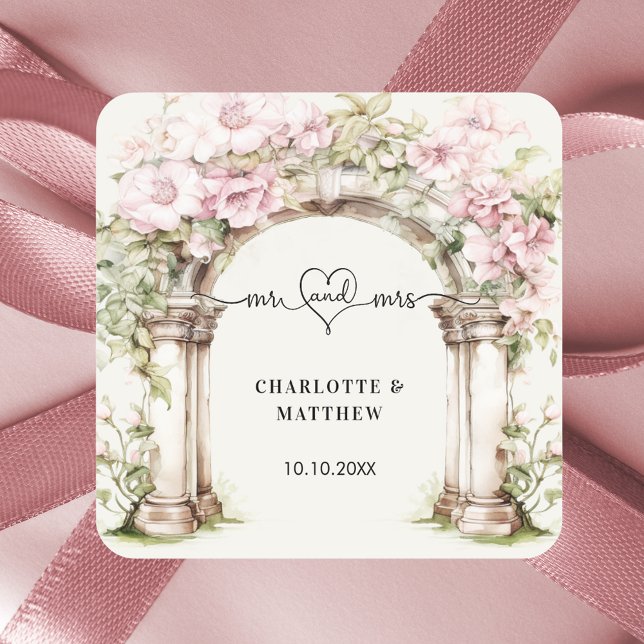 Sticker Carré Mariage m mme heart script rose florals arche (Créateur téléchargé)