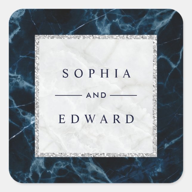 Sticker Carré Mariage Marbre blanc bleu marine (Devant)