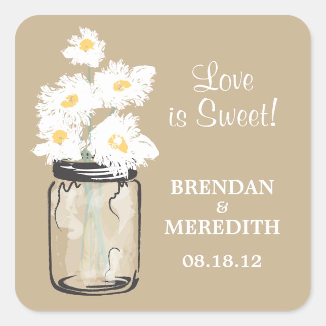Sticker Carré Mariage Mason Jar et White Daisy (Devant)