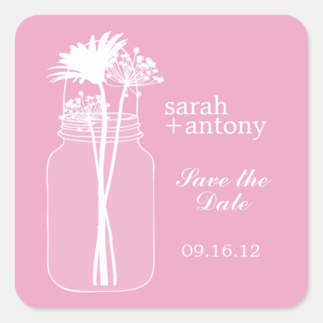 Sticker Carré Mariage Mason rose et Fleurs (Devant)