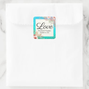 Sticker Carré Mariage Merci moderne rose Floral Turquoise or poi